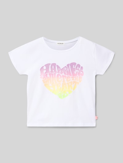 Meisje draagt Regular fit T-shirt met statement-print van Billieblush, katoen, ronde hals, korte mouw, witte stof, vooraanzicht busteshot.