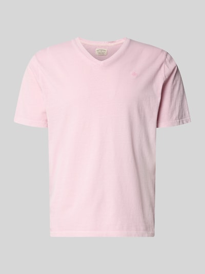 Produktfoto, T-Shirt aus Baumwoll-Leinen-Mix mit V-Ausschnitt von Superdry in zartem Rosa, Regular Fit, sichtbares Stitching, glatte Struktur