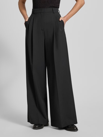 Vrouwenmodel draagt Regular Fit Wijdte Broek met Schurwoll-Anteil Model 'ASTA' van Weekend Max Mara, look: effen zwart, high waist, riemlussen, steekzakken, applicatie met labelstitching, materiaalverwerking: webware, Ganzkörperansicht van voren.