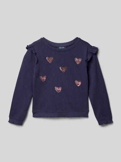 Productfoto, 'Sweatshirt mit Rüschen und Rundhalsausschnitt' van Blue Seven, donkerblauw katoen, regular fit, ruches, hartmotief, ronde hals