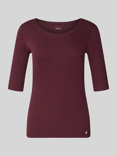Produktfoto, T-Shirt mit Rundhalsausschnitt und Label-Detail von Marc Cain aus Baumwoll-Elasthan-Mix, Damen T-Shirt, Slim-Fit, dunkelrot