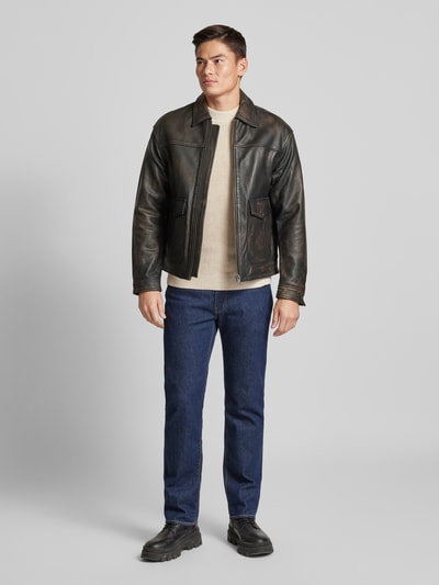 Jack & Jones Premium Leren jack met kentkraag, model 'WALLACE' Donkerbruin - 1