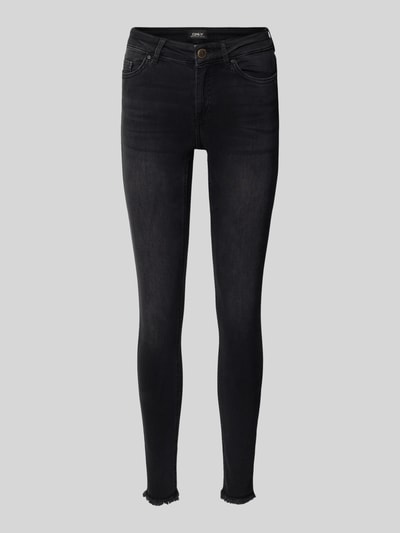 Produktfoto, Stone Washed Skinny Fit Jeans von ONLY, schwarze Baumwollmischung mit Stretch-Anteil, 5-Pocket-Design, ausgefranste Beinabschlüsse