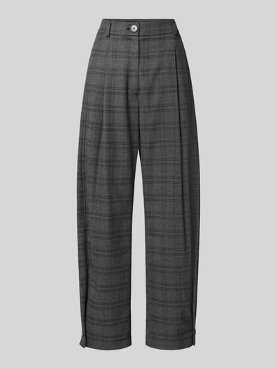 Produktfoto, Stoffhose mit Knopf am Saum von Style Icon Collection, grau kariertes Muster, lockerer Schnitt, glatte Textur, Vorderansicht