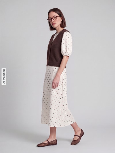 Frauenmodel trägt Regular Fit Weste mit V-Ausschnitt Modell 'SALLY' von Pieces, unifarben, Strick, Ganzkörperansicht von vorne, KI-modifiziertes Bild.