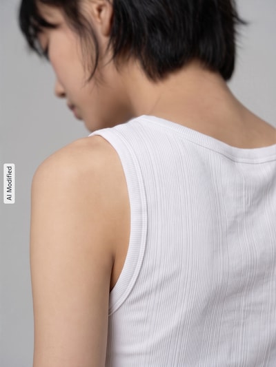 Vrouwenmodel draagt Slim Fit Top uit katoenmix van GAP in wit met fijne ribstructuur, detailopname schouder, KI-modified beeld