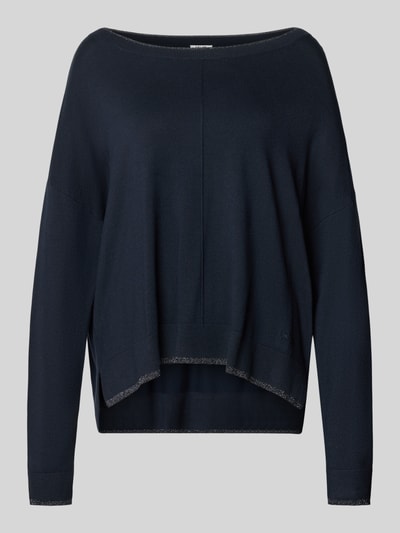 Produktfoto, Relaxed Fit Pullover aus Viskose-Mix Modell 'MAGLIA CHIUSA' von Liu Jo White, dunkelblau, Strick-Optik, Logo-Detail, verlängerte Rückseite, Damen Pullover, Rückenlänge 58 cm, Ärmellänge 46 cm