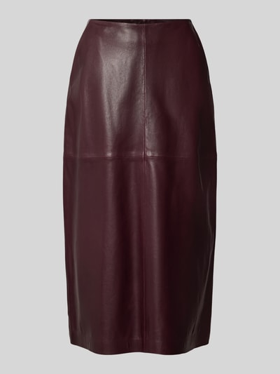 Produktfoto, Lederrock aus echtem Leder in Midilänge von windsor. in dunklem Bordeaux, glatte Satinstruktur, Balloon Fit, sichtbarer Nahtreißverschluss.