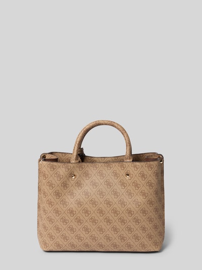 Produktfoto, Handtasche mit Label-Applikation Modell 'MERIDIAN II' von Guess, beżowa, logo, faktura skóry, szerokość w rozmiarze 31 cm, długość 24 cm, głębokość 11 cm, długość paska na ramię 105 cm