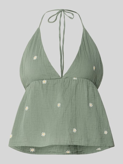 Produktfoto, Crop Top aus reiner Baumwolle Modell 'THYRA RIO' von Only in Olivgrün, unifarben mit gestickten Blüten, Neckholder, Cropped-Länge