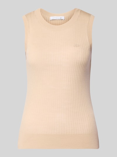 Produktfoto, Slim Fit Pullunder aus reiner Wolle von Lacoste in beiger Strickoptik mit gestreifter Struktur, Rundhals und Logo-Detail.