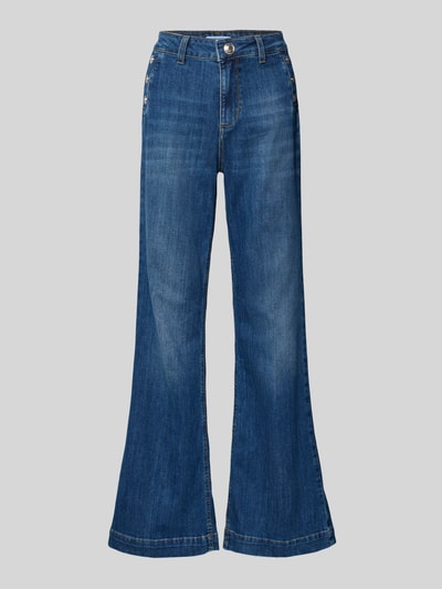 Produktfoto, Flared Jeans mit Knöpfen von Liu Jo White z mieszanki bawełny, rozkloszowany krój, efekt znoszenia, ciemnoniebieskie, długość wewnętrzna nogawki 78 cm, szerokość w pasie 36 cm, guziki