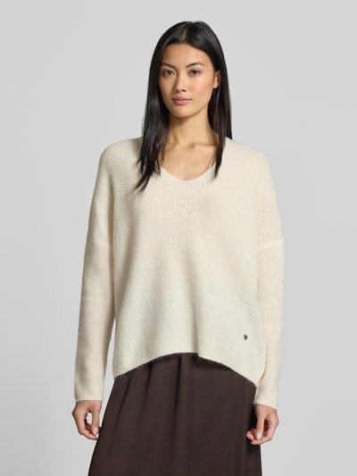 MOS MOSH Sweter z dzianiny z mieszanka wełny z dekolt w serek model 'THORA' Beżowy 4