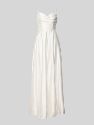 Produktfoto, Abendkleid mit Drapierungen und rückseitiger Schnürung von LUXUAR FASHION aus weißem Satin, A-Linie, Maxikleid, Spaghettiträger