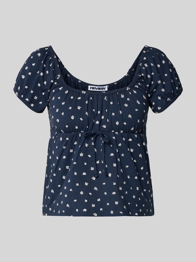 Produktfoto, T-Shirt im Allover-Look mit Schnürung von REVIEW aus Baumwoll-Elasthan-Mix, Regular-Fit, Rundhalsausschnitt, navy mit weißen Muster, Rückenlänge bei Größe S 33 cm.
