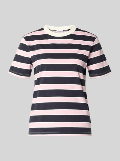 Produktfoto, T-Shirt aus reiner Baumwolle von Jake*s Casual, gestreiftes Design in Rosa, Weiß und Dunkelblau, gerader Schnitt, Rundhalsausschnitt, kurzärmelig, Rückenlänge 58 cm in Größe S