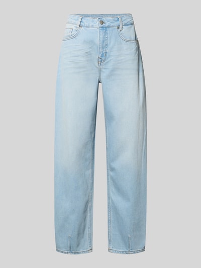 Produktfoto, jasnoniebieska Barrel Jeans im 5-Pocket-Design Modell 'LUCY' von My Essential Wardrobe, mieszanka bawełny z dodatkiem streczu, krój loose fit, zapięcie na guzik i zamek błyskawiczny, szerokość w rozmiarze 27/29: 38 cm, długość wewnętrzna nogawki w rozmiarze 27/29: 73 cm, gładka faktura, proste szerokie nogawki