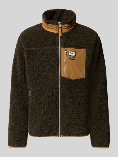 Produktfoto, Fleecejacke mit Label-Details Modell 'MOUNTAIN' von Superdry in Dunkelbraun mit Stehkragen, Reißverschluss und Teddyfell-Struktur
