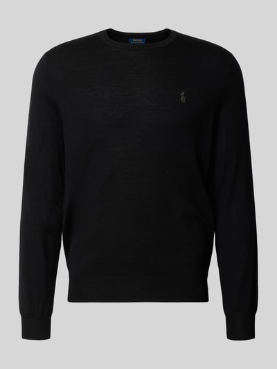 Produktfoto, schwarzer Regular Fit Pullover aus reiner Wolle von Polo Ralph Lauren, schlichte Optik auf neutralgrauem Hintergrund.