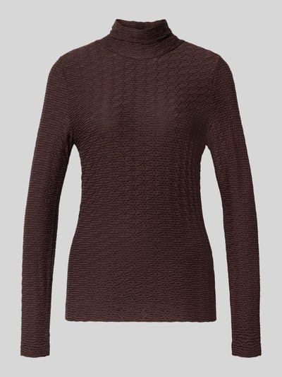 Produktfoto, Skinny Fit Longsleeve aus Viskose-Mix von Marc Cain, braun, Strukturmuster, Stehkragen, schmale Silhouette, glatte Textur