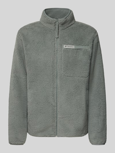 Produktfoto, Regular Fit Fleecejacke mit Logo-Patch von Columbia in Grau, weiche Fleece-Textur, Brusttasche, elastische Abschlüsse