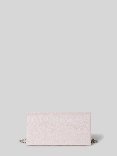 Produktfoto, Clutch mit Allover-Glitzerbesatz von Jake*s Cocktail in hellem Silberton, rechteckige Form, feine Glitzertextur, Kettenriemen sichtbar, Maße laut Kontext: 20x11x4 cm, Überschlag mit Magnetverschluss, Ketten-Schulterriemen abnehmbar, glatte Oberfläche.