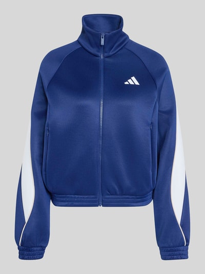 Produktfoto, blaue Loose Fit Trainingsjacke aus Baumwoll-Mix mit weißem Logo-Print und weißen Einsätzen von adidas, Damen Trainingsjacke von adidas Sportswear
