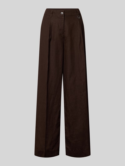 Produktfoto, dunkelbraune Leinenhose mit weitem Bein, Knopfverschluss und Label-Detail, Modell 'Britt' von MAC, reine Leinenstruktur