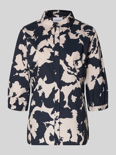 Produktfoto, Bluse met 3/4-mouw en verborgen knoopsluiting van comma, katoenmix met stretch, straight fit, overhemdkraag, marineblauw met crèmekleurig bloemmotief, gladde textuur