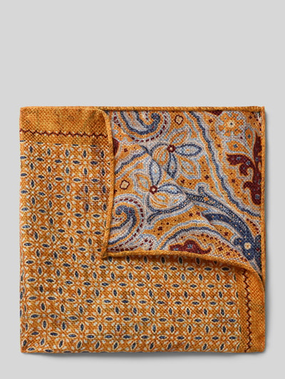 Produktfoto, Einstecktuch aus Leinen-Mix mit Seiden-Anteil von Verugia, prostokątny kształt, paisley i geometryczny wzór allover, żółte, niebieskie, czerwone i białe kolory, drobna tekstura lnu.