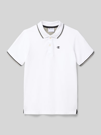 Produktfoto, Poloshirt mit Logo-Stitching und kurzer Knopfleiste von CHAMPION aus reiner Baumwolle, krój regular fit, biały kolor, polokrag, krótka listwa guzikowa, haftowane logo, długość pleców w rozmiarze 140: 49 cm, dziecięcy styl