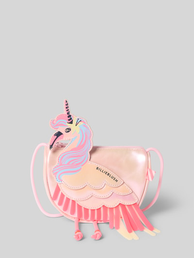 Productfoto, tas met siergarnering 'Tasche mit Zierbesatz' van BILLIEBLUSH in roze met logoprint, hoofdvak met ritssluiting, smalle draagriem, breedte 15 cm, lengte 10 cm, diepte 6 cm, bandlengte 104 cm, glanzende en zachte texturen, detail van eenhoorndesign.