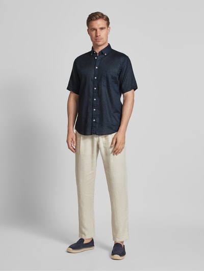 Fynch-Hatton Regular fit vrijetijdsoverhemd van een mix van linnen en katoen Marineblauw - 1