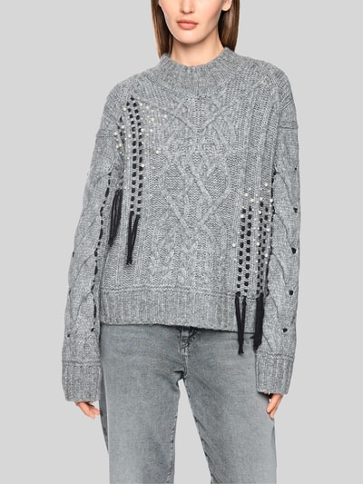 Marc Cain Pullover aus Wolle-Alpaka-Mix mit Perlenfransen Mittelgrau 4
