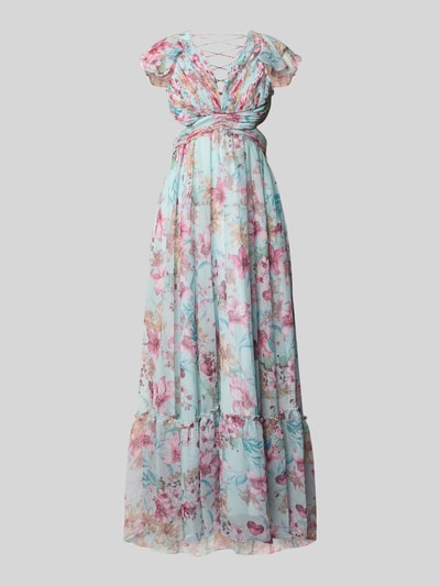 Produktfoto, Regular Fit Maxikleid mit floralem Allover-Print von ADLYSH, niebieski, różowy, kwiatowy nadruk na całej powierzchni, krój regular fit, taliowany krój, wycięcie, krótkie rękawy z falbanami, wiązanie, efekt marszczenia, długość tyłu w rozmiarze S: 116 cm, szerokość w rozmiarze S: 34 cm