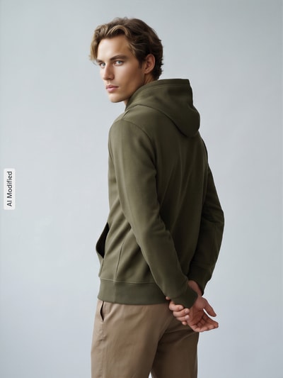 Männermodel trägt Regular Fit Hoodie aus Baumwoll-Mix von Polo Ralph Lauren in Olivgrün, glatte Struktur, Ganzkörperansicht Rückansicht, KI-modifiziertes Bild.