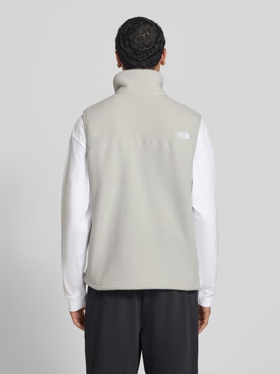 Männermodel trägt Regular Fit Weste mit Logo-Stitching Modell 'Yumiori' von The North Face in Hellgrau, Fleece, Ganzkörperansicht Rückansicht. Rückenlänge 67 cm, Schulterbreite 41 cm, Brustweite 56 cm, Stehkragen, Napoleontasche, Eingrifftaschen.
