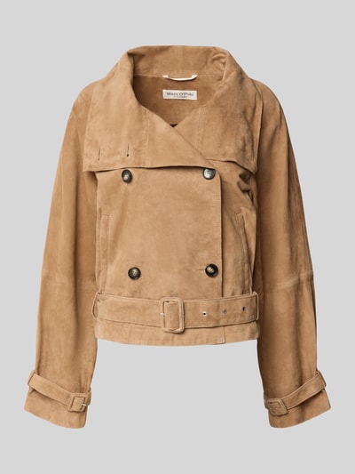 Produktfoto, Relaxed Fit Lederjacke Trenchcoat-Stil von Marc O'Polo in sandfarbener Wildlederoptik mit doppelreihiger Knopfleiste und Bindegürtel, Ziegenleder, samtige Velours-Textur