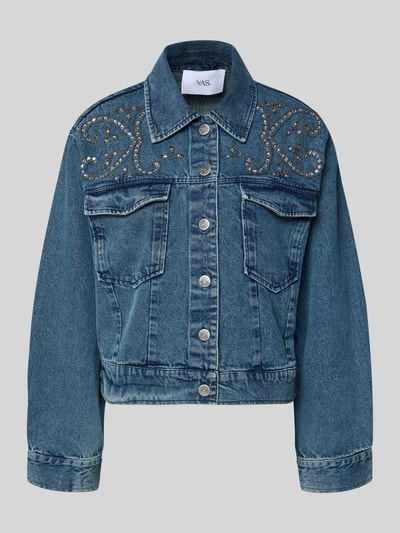 Produktfoto, blaue Jeansjacke mit Perlen von YAS, Reine Baumwolle, Regular-Fit, Brusttaschen, Modell 'VISION', sichtbare Struktur
