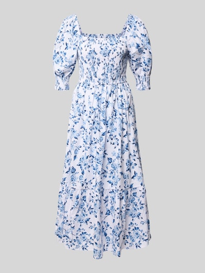 Produktfoto, Midikleid mit Karree-Ausschnitt und Puffärmeln von Apricot aus Baumwoll-Elasthan-Mix im Allover-Look, A-Linie, blauer Print