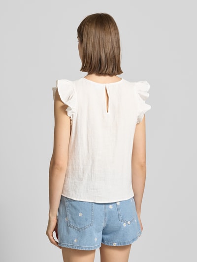Frauenmodel trägt Regular Fit Top aus reiner Baumwolle Modell 'SASTINA' von Pieces, Optik: Unifarben, Materialverarbeitung: Flammgarn, Ganzkörperansicht Rückansicht