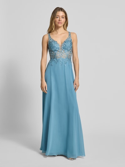 LUXUAR FASHION Avondjurk met kant en met strass-steentjes Rookblauw - 1