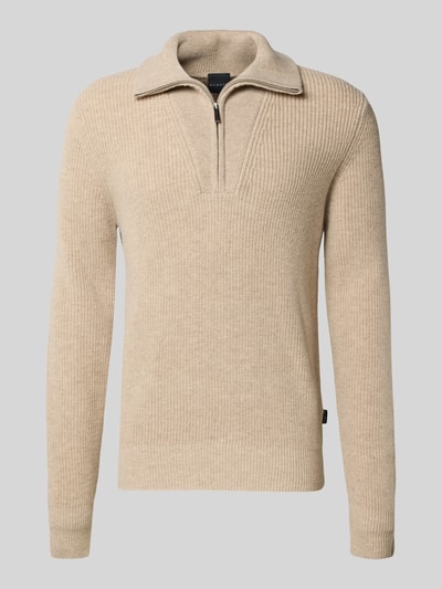 bugatti Sweter z mieszanki wełny z kołnierzem i detalem z logo Piaskowy 2