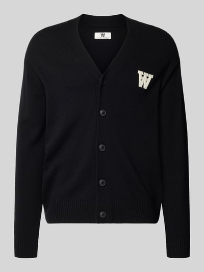 Wood Wood Gebreid jack van lamswol met V-hals, model 'Tay' Zwart - 2