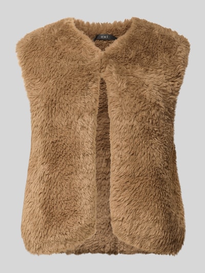 Produktfoto, Regular Fit Weste aus Kunstfell von Oui in Braun, V-Ausschnitt, ärmellos, weiche Struktur, für Damen, frontal, Rückenlänge 46 cm, Schulterbreite 36 cm, Brustweite 44 cm