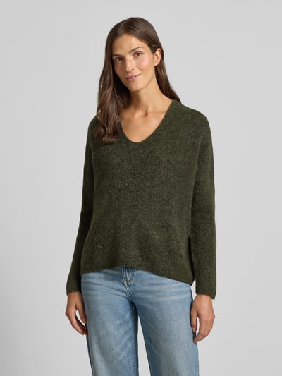 MOS MOSH Oversize sweter z dzianiny z mieszanki wełny i alpaki model „THORA” Oliwkowy 4