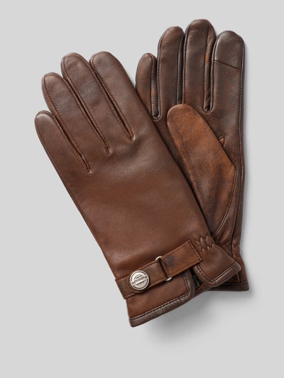 Produktfoto, Handschuhe aus Schafsleder mit Touch-Funktion Modell 'Stanton' von Roeckl, braune Fingerhandschuhe im Used-Look, Lederriemen, Halbsteppnaht, Wollfutter, weiche Ledertextur, dezenter Glanz
