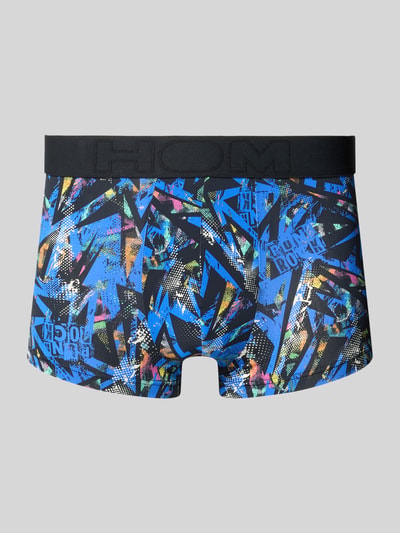 Produktfoto, Trunks mit elastischem Logo-Bund Modell 'Clash' von HOM in Blau mit bunten grafischen Mustern, körpernaher Schnitt, Material-Mix mit Stretch-Anteil