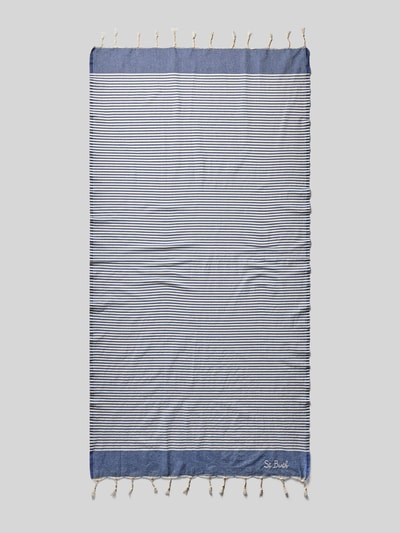 Produktfoto, Handtuch mit Logo-Detail Modell 'Foutas' von MC2 Saint Barth aus reiner Baumwolle, rechteckige Passform, gestreiftes Muster, Breite 100 cm, Länge 200 cm, strukturierte Fransen, blaue und weiße Farbtöne