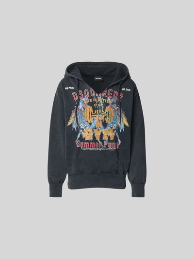 Produktfoto, Oversized Hoodie aus Baumwolle von Dsquared2 in Schwarz mit buntem Print, Used-Look, Kapuze mit Tunnelzug, Känguru-Tasche, Rückenlänge bei Größe M: 70 cm.
